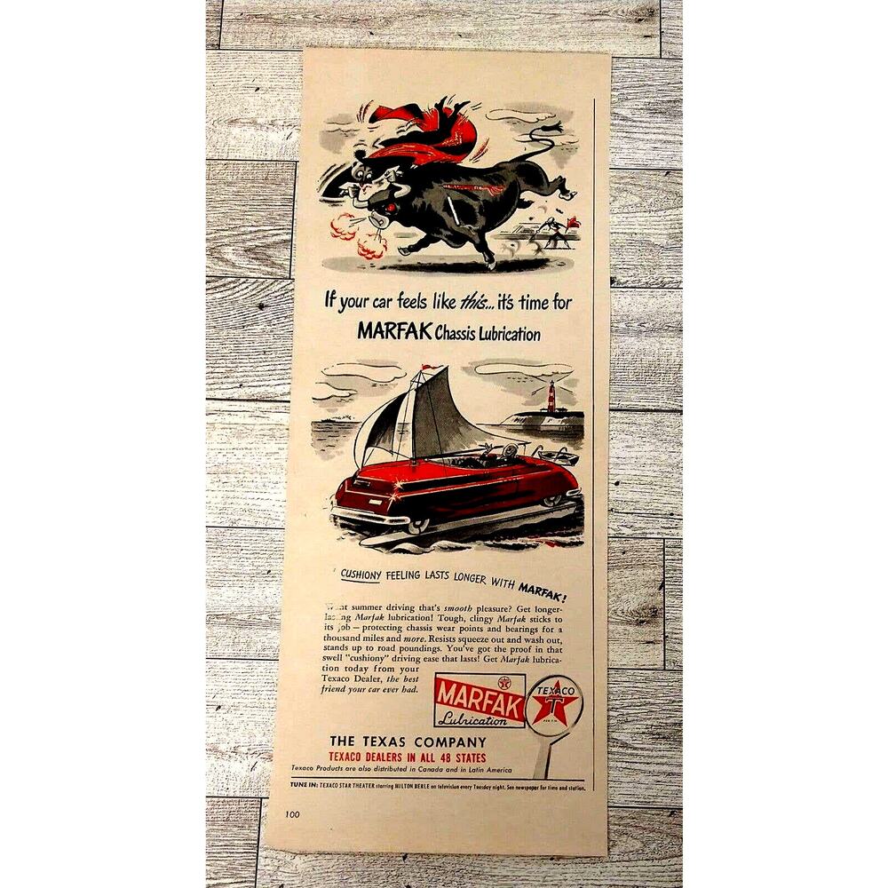 1950 Marfak Chassis Lubrication Bull Matador Car Sail Vintage Print Ad Black Red